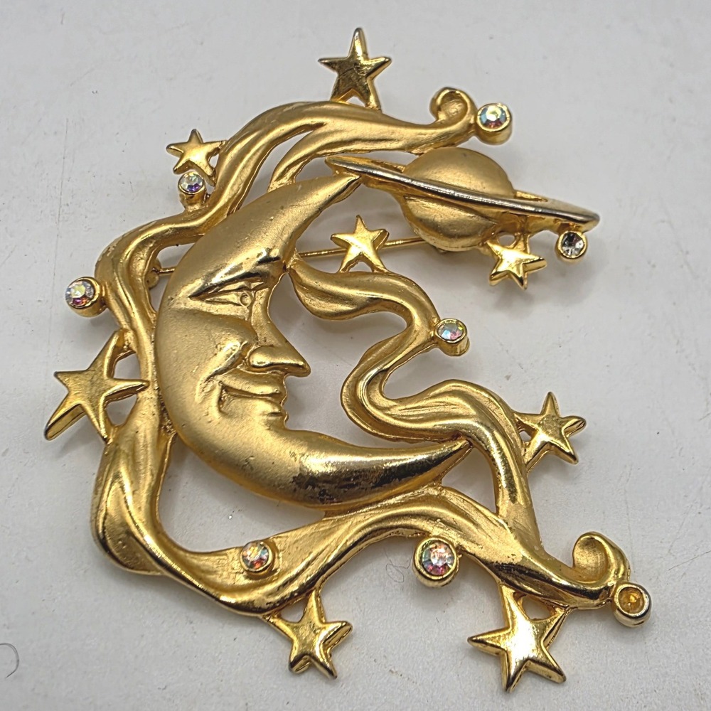 Vintage JJ Jonette Jewelry Gold Tone Celestial Moon Stars Saturn Brooch AB Stone